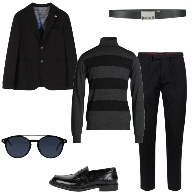 Outfit uomo - Man in black. Stile Business/Elegante per Ufficio. Abbinamento con occhiali da sole, cinture, maglieria, giacche, pantaloni, scarpe stringate.