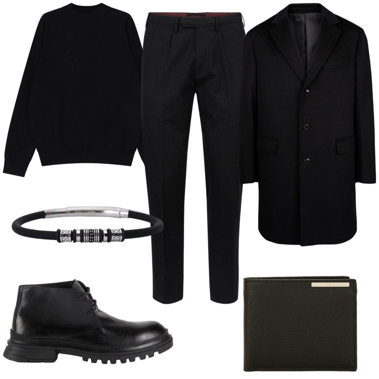 Outfit uomo - Fascino del total black. Stile Casual per Serata speciale. Abbinamento con stivali e stivaletti, braccialetti, portafogli, maglieria, pantaloni, cappotti.