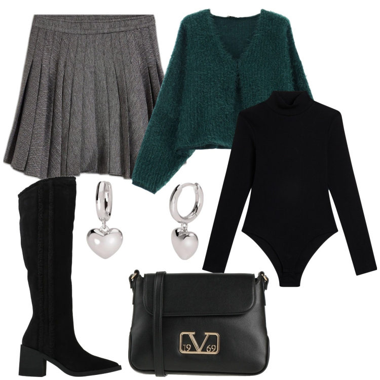 Outfit donna - Una gonna in gennaio. Stile Preppy per Serata fuori. Abbinamento con minigonne, stivali, borse a tracolla, orecchini, body, cardigans.