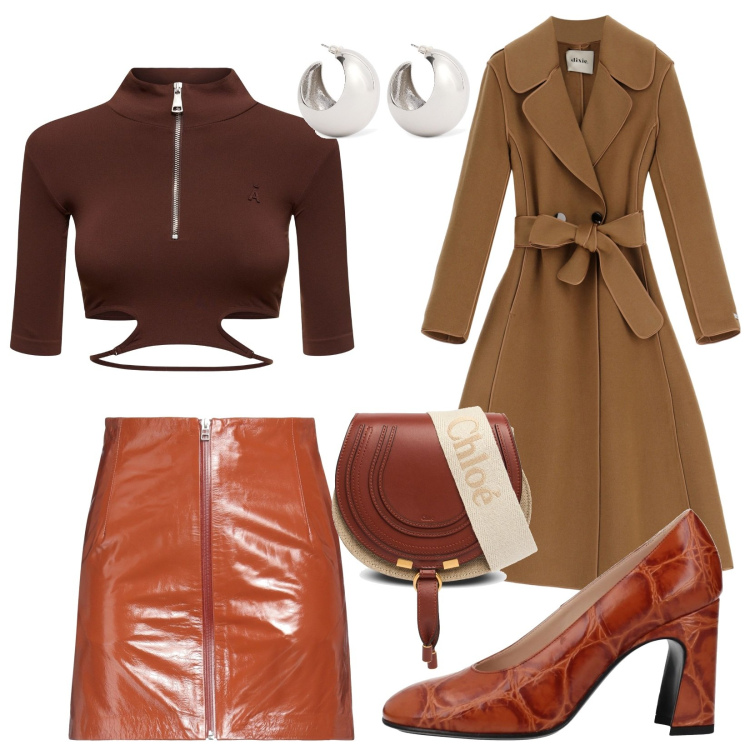Outfit donna - Total look #2043518. Stile Trendy per Tutti i giorni. Abbinamento con décolleté, minigonne, cappotti, top, borse a spalla, orecchini.