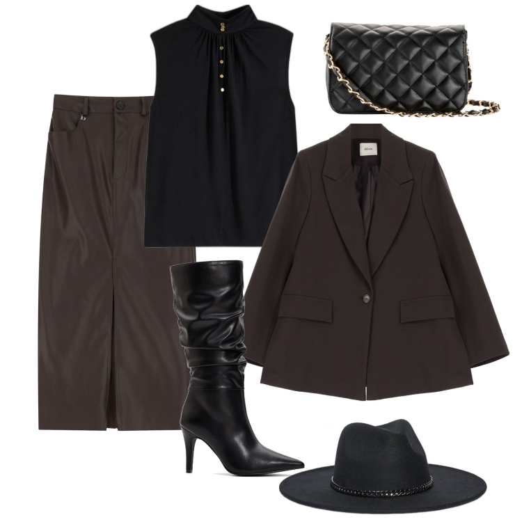 Outfit donna - Estrosa con il cappello di sera. Stile Trendy per Serata fuori. Abbinamento con borse a tracolla, stivali, top, blazer, gonne longuette, cappelli.