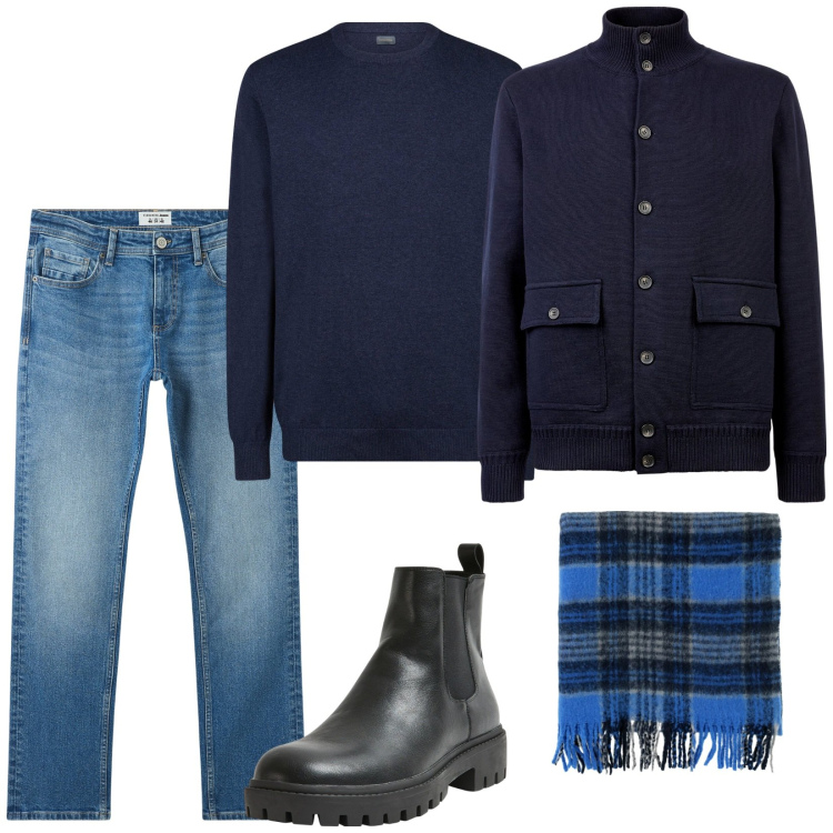 Outfit uomo - Total look #2043535. Stile Casual per Tutti i giorni. Abbinamento con jeans, stivali e stivaletti, maglieria, giacche, sciarpe.