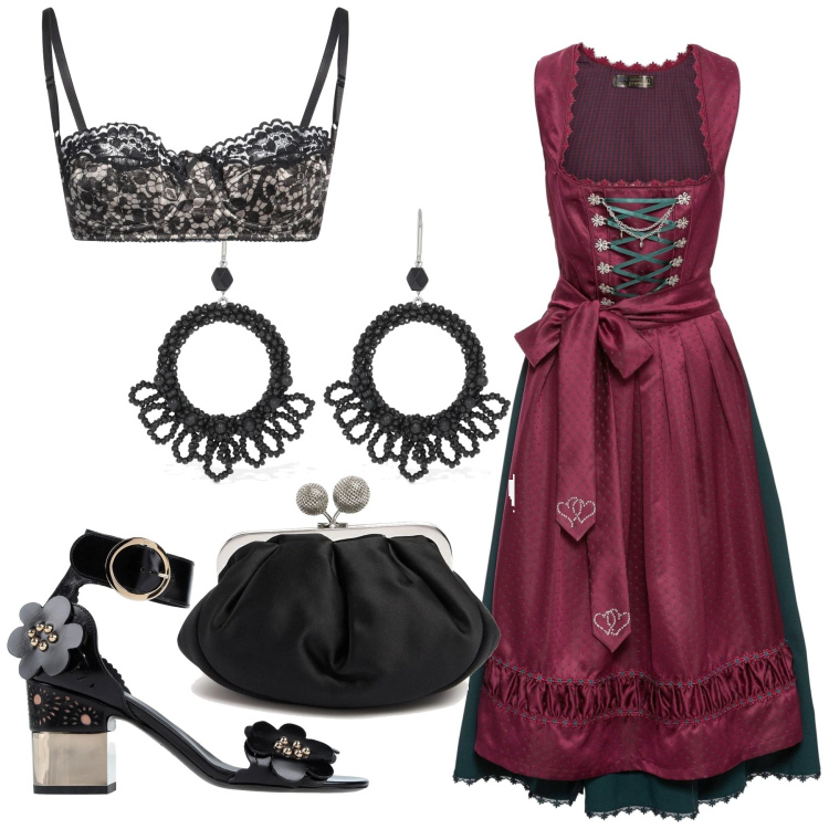 Outfit donna - Folklore. Stile Etnico per Cerimonia. Abbinamento con vestiti, sandali in pelle, reggiseni a balconcino, orecchini, pochette.