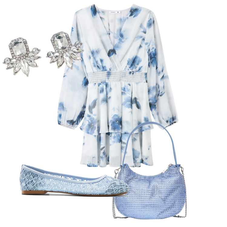 Outfit donna - Celeste. Stile Romantica per Tutti i giorni. Abbinamento con ballerine, vestiti corti, borse a spalla, orecchini.