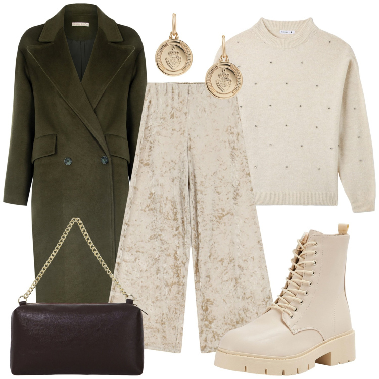 Outfit donna - L\'eleganza trendy. Stile Casual chic per Tutti i giorni. Abbinamento con maglieria, anfibi, cappotti, pantaloni, borse a tracolla, orecchini.