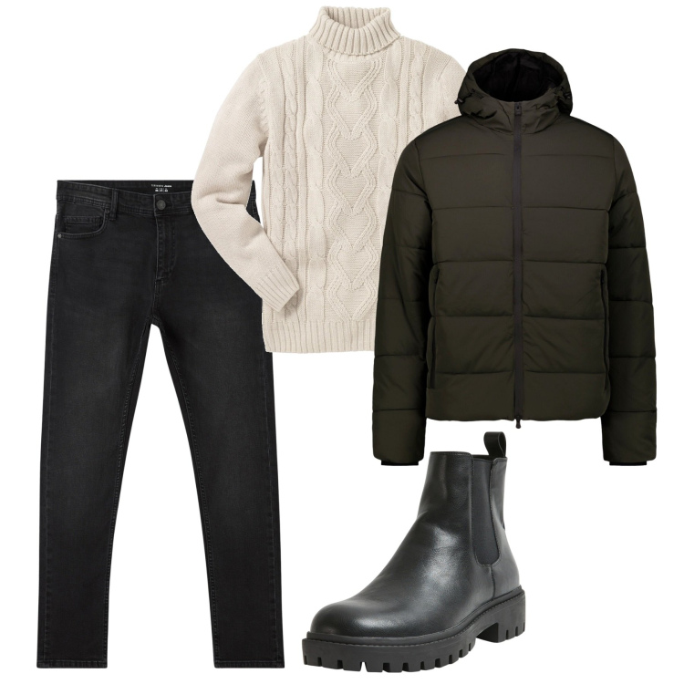 Outfit uomo - Il pull a trecce. Stile Urban per Tutti i giorni. Abbinamento con maglieria, jeans skinny, stivali e stivaletti, piumini.