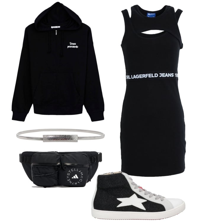Outfit donna - Tank dress. Stile Basic per Tutti i giorni. Abbinamento con vestiti corti, sneakers alte, felpe con cappuccio, cinture, marsupi.