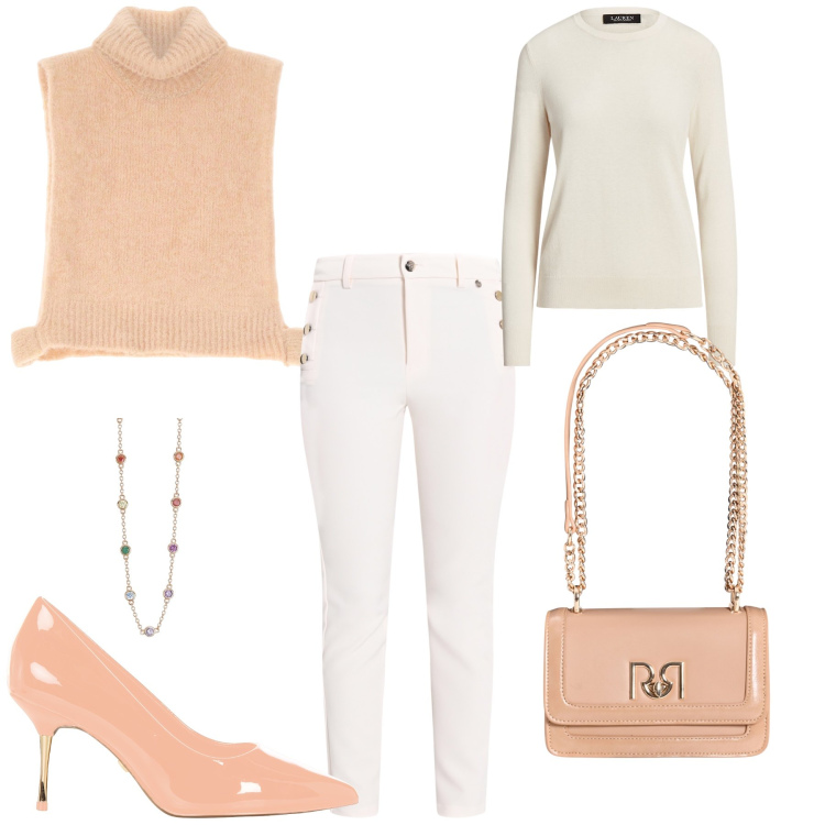 Outfit donna - Primavera elegante e romantica. Stile Romantica per Serata fuori. Abbinamento con collane, pantaloni skinny, décolleté, borse a tracolla, gilet, maglieria.
