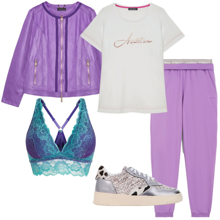 Outfit donna - Sporty chic. Stile Sporty chic per Tutti i giorni. Abbinamento con bralette, sneakers, pantaloni, t-shirt, blazer.