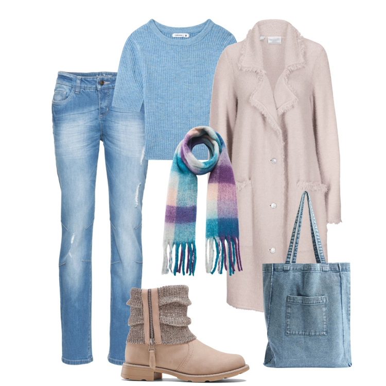 Outfit donna - Giornata di commissioni. Stile Casual per Tutti i giorni. Abbinamento con stivaletti, cardigans, jeans boyfriend, t-shirt, shopping bag, sciarpe.