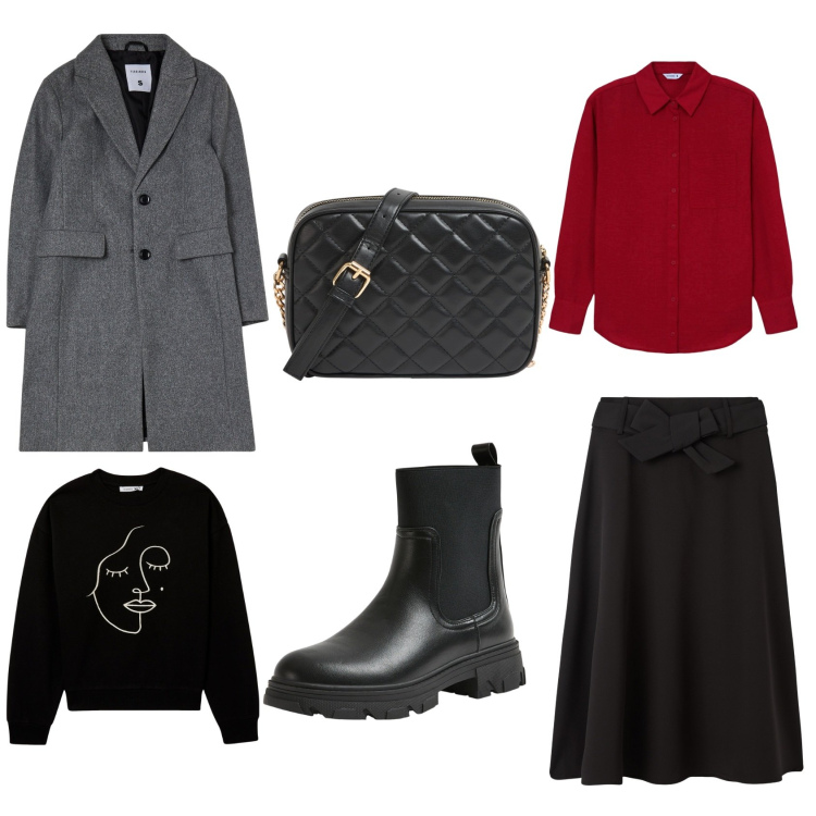 Outfit donna - Mostra Contemporanea.. Stile Casual chic per Tutti i giorni. look ideale per Tall. Abbinamento con felpe, borse a tracolla, gonne lunghe, stivaletti chelsea, camicie, cappotti.