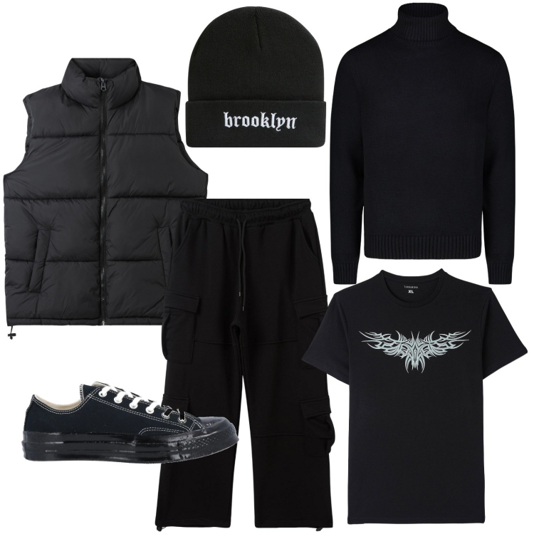 Outfit uomo - Il fascino del total black. Stile Trendy per Tutti i giorni. Abbinamento con sneakers, t-shirt, piumini, pantaloni cargo, berretti, maglieria.