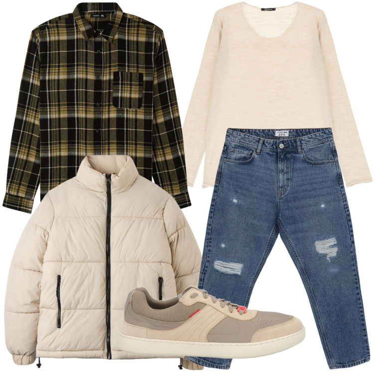Outfit uomo - Camicie a quadri: ritorno al classico. Stile Urban per Tutti i giorni. Abbinamento con sneakers, jeans strappati, piumini, camicie, pullovers.
