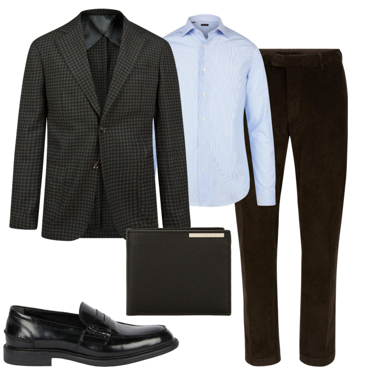 Outfit uomo - Ufficio. Stile Business/Elegante per Ufficio. Abbinamento con portafogli, giacche, camicie, pantaloni, scarpe stringate.