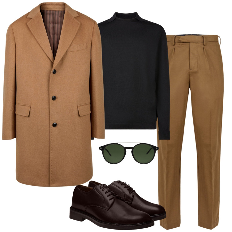 Outfit uomo - Total look #2043608. Stile Business/Elegante per Tutti i giorni. Abbinamento con occhiali da sole, cappotti, scarpe stringate, pantaloni, maglieria.
