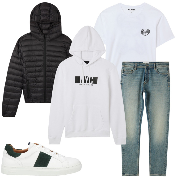 Outfit uomo - Casual in jeans. Stile Casual per Tutti i giorni. Abbinamento con sneakers, t-shirt, jeans skinny, giacche, felpe con cappuccio.