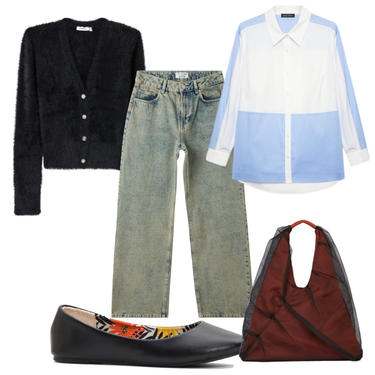 Outfit donna - Total look #2043618. Stile Trendy per Tutti i giorni. Abbinamento con ballerine, cardigans, jeans, camicie, shopping bag.