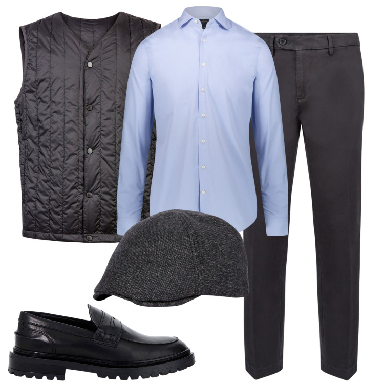 Outfit uomo - City. Stile Urban per Tutti i giorni. Abbinamento con scarpe stringate, camicie, piumini, pantaloni chino, cappelli con visiera.