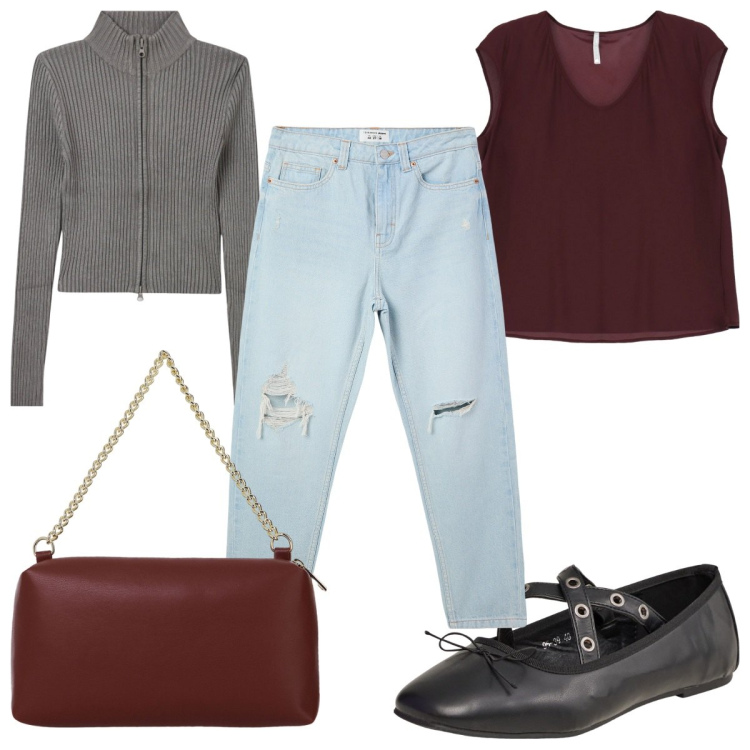 Outfit donna - Total look #2043623. Stile Trendy per Tutti i giorni. Abbinamento con ballerine, jeans mom, cardigans, top, borse a tracolla.