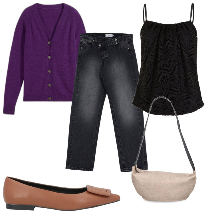 Outfit donna - Total look #2043626. Stile Trendy per Tutti i giorni. Abbinamento con cardigans, top, ballerine, jeans, borse a spalla.