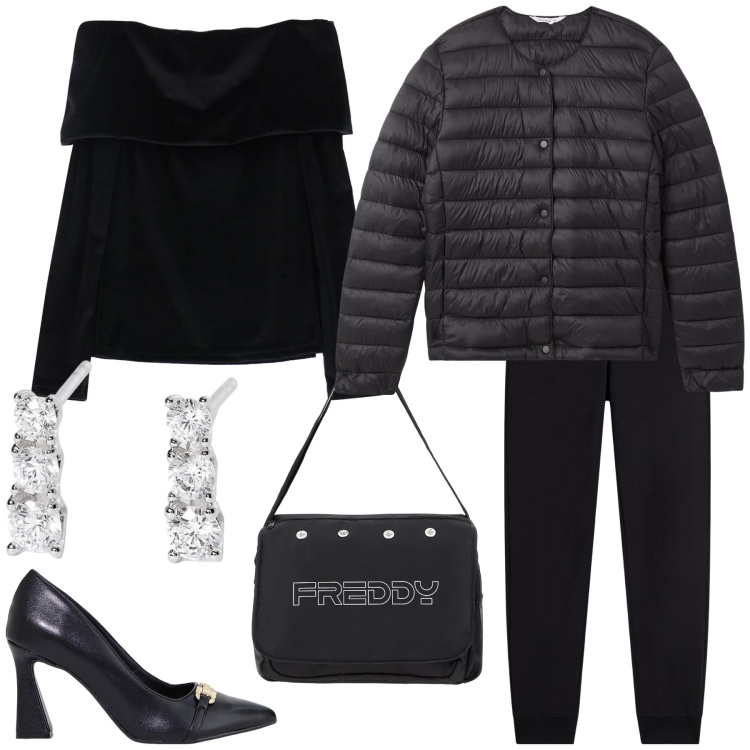 Outfit donna - Aperitivo all black. Stile Urban per Serata fuori. Abbinamento con piumini, orecchini, stivaletti, borse messenger, pantaloni, maglieria.