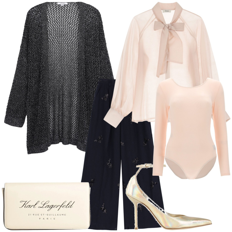 Outfit donna - Non troppo trasparente. Stile Glamour per Serata fuori. Abbinamento con borse a mano, décolleté, kimono, body, pantaloni, camicie.