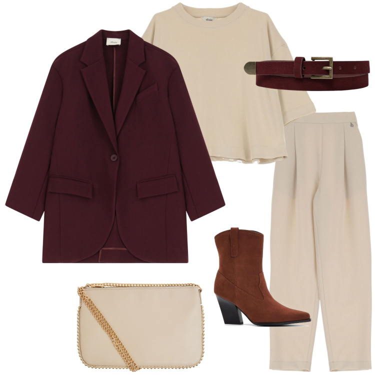 Outfit donna - Color Borgogna. Stile Casual chic per Ufficio. Abbinamento con stivaletti texani, borse a tracolla, pantaloni, blazer, maglieria, cinture.