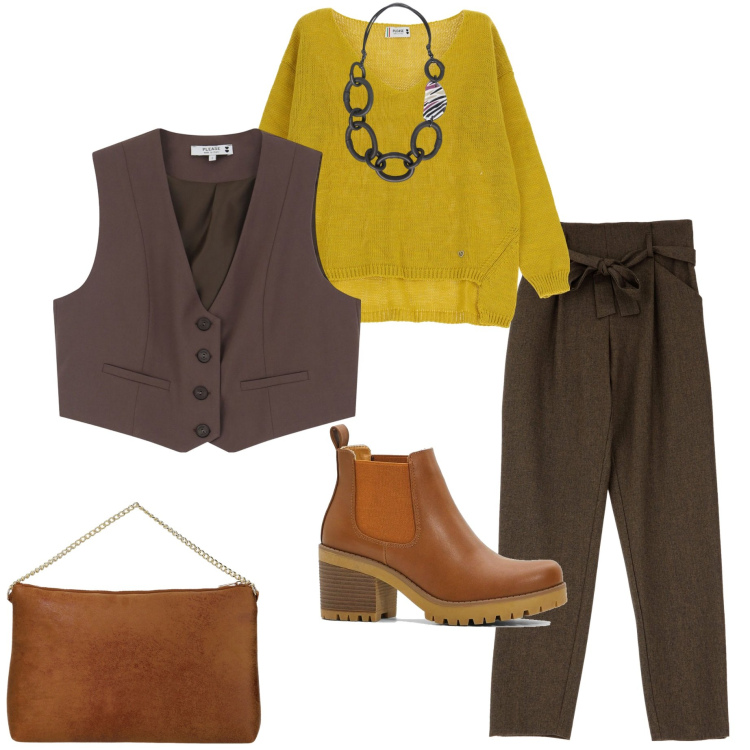 Outfit donna - Sporty chic. Stile Sporty chic per Ufficio. Abbinamento con stivaletti chelsea, maglieria, pantaloni, gilet, pochette, collane.