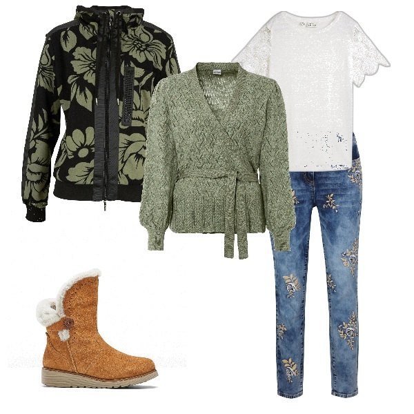 Outfit donna - Romantico denim. Stile Casual chic per Tutti i giorni. Abbinamento con felpe, jeans, maglieria, stivali, maglieria.