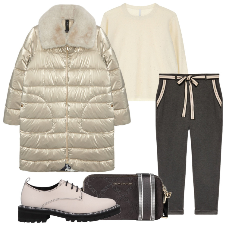 Outfit donna - Un thè con le amiche. Stile Urban per Tutti i giorni. Abbinamento con scarpe stringate, borse a tracolla, maglieria, pantaloni chino, piumini.