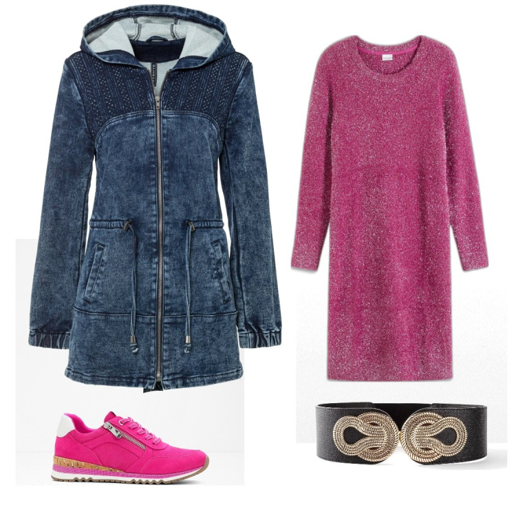 Outfit donna - Rosa e jeans. Stile Casual chic per Tutti i giorni. Abbinamento con parka, vestiti, sneakers, cinture.