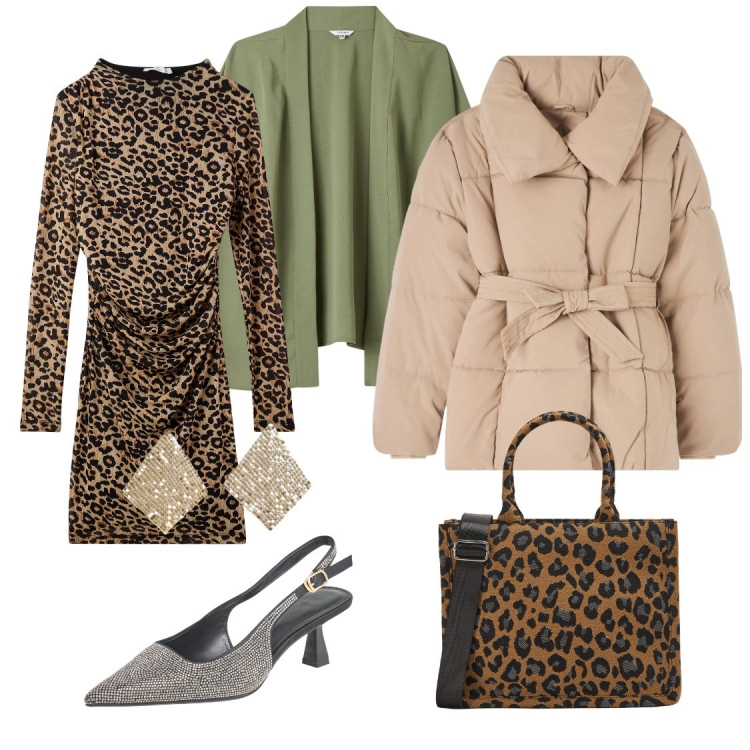 Outfit donna - Tigrato per aperitivo. Stile Casual chic per Serata fuori. Abbinamento con vestiti lunghi, orecchini, piumini, kimono, shopping bag, décolleté.