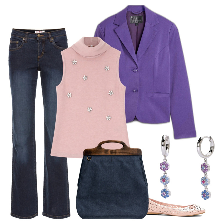 Outfit donna - P di primavera. Stile Casual per Tutti i giorni. Abbinamento con ballerine, jeans dritti, blazer, orecchini, maglieria, borse a tracolla.