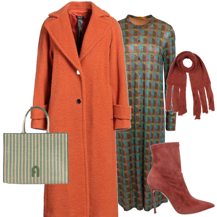 Outfit donna - In città. Stile Chic per Serata fuori. Abbinamento con cappotti, borse a mano, sciarpe, vestiti midi/longuette, stivaletti.