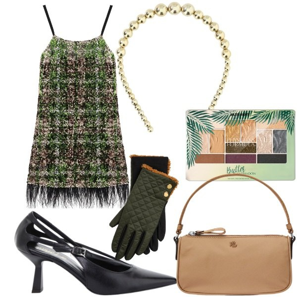 Outfit donna - Nuovo anno nuovo look. Stile Trendy per Tutti i giorni. Abbinamento con ombretti, vestiti, cerchietti, décolleté, pochette, guanti.