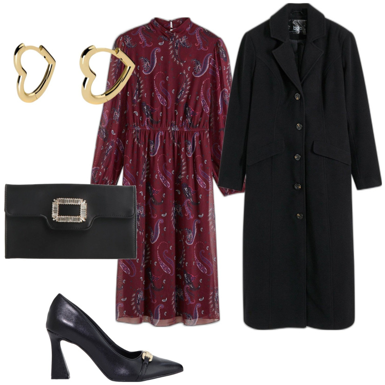 Outfit donna - Cena di san valentino. per Serata fuori. Abbinamento con cappotti, vestiti, borse a mano, orecchini, stivaletti.