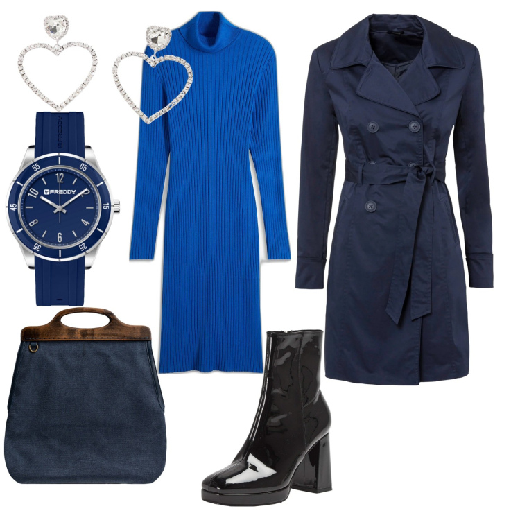Outfit donna - Urban. per Tutti i giorni. Abbinamento con trench, vestiti, stivaletti, orologi, orecchini, borse a tracolla.