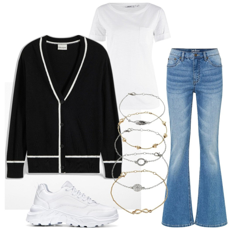 Outfit donna - Tendenze denim. Stile Casual per Scuola/Università. Abbinamento con cardigans, t-shirt, sneakers, braccialetti con ciondoli, jeans a zampa.