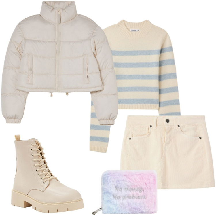 Outfit donna - Saldi Terranova. Stile Casual per Scuola/Università. Abbinamento con portafogli, anfibi, maglieria, blazer, minigonne.