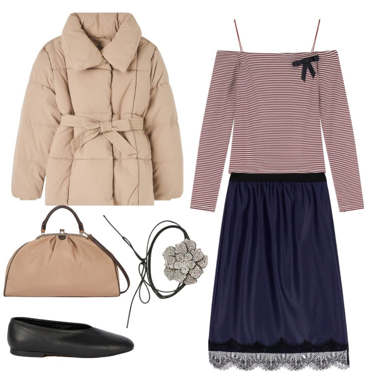 Outfit donna - Romantica francese. Stile Romantica per Serata fuori. Abbinamento con collane, piumini, gonne, maglieria, borse a spalla, ballerine.