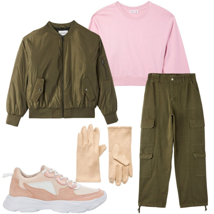Outfit donna - Saldi Terranova. Stile Casual per Scuola/Università. Abbinamento con felpe, pantaloni cargo, sneakers, bomber, guanti.