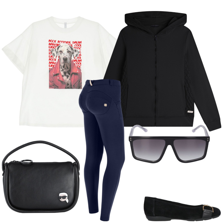 Outfit donna - Ai giardini col cane. Stile Trendy per Tutti i giorni. Abbinamento con ballerine, borse a mano, t-shirt, felpe con cappuccio, pantaloni skinny, occhiali da sole.