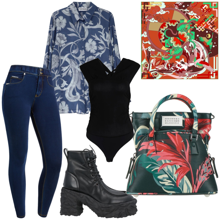 Outfit donna - Fiori per l ufficio. Stile Urban per Ufficio. Abbinamento con body, borse a mano, stivaletti, jeans skinny, camicie, foulard.