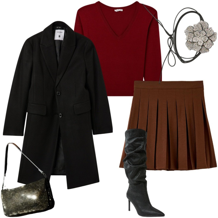 Outfit donna - Saldi Terranova. Stile Casual chic per Serata fuori. Abbinamento con minigonne, maglieria, cappotti, stivali, collane, borse a spalla.