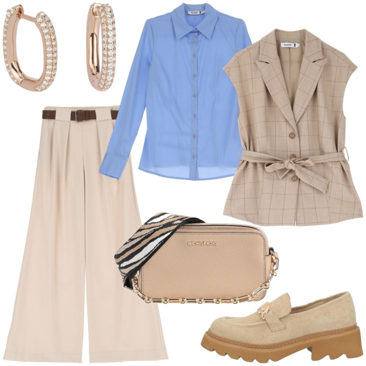 Outfit donna - Eleganza in ufficio e fuori. Stile Bon Ton per Ufficio. Abbinamento con mocassini, borse a tracolla, camicie, gilet, orecchini, pantaloni a palazzo.
