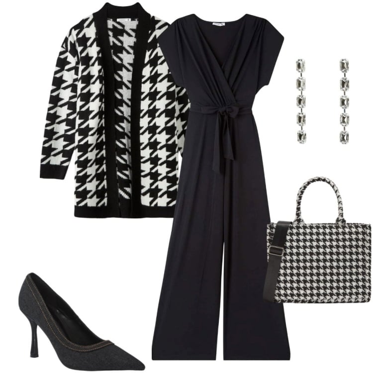 Outfit donna - Saldi Terranova. Stile Casual chic per Serata fuori. Abbinamento con orecchini, tute, cardigans, shopping bag, décolleté.