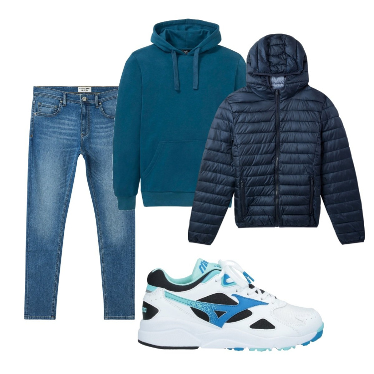 Outfit uomo - Total look #2043718. Stile Casual per Tutti i giorni. Abbinamento con felpe con cappuccio, sneakers, piumini, jeans slim fit.