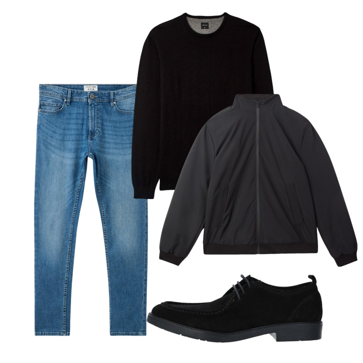 Outfit uomo - Nero e denim. Stile Casual per Tutti i giorni. Abbinamento con scarpe stringate, giacche, jeans skinny, maglieria.