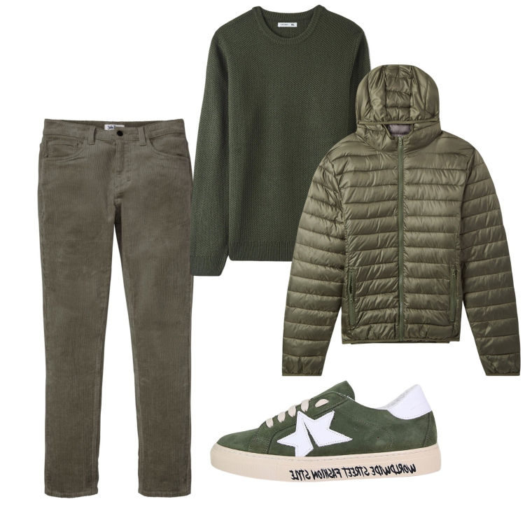 Outfit uomo - Verde. Stile Casual per Tutti i giorni. Abbinamento con pantaloni, piumini, maglieria, sneakers.