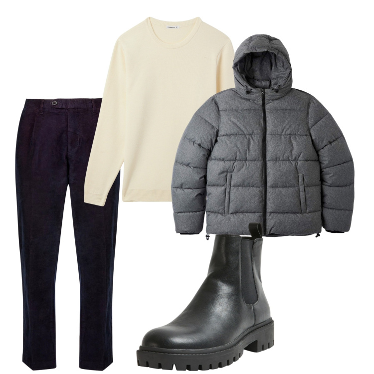 Outfit uomo - Burro e grigio. Stile Casual per Tutti i giorni. Abbinamento con piumini, stivali e stivaletti, maglieria, pantaloni.